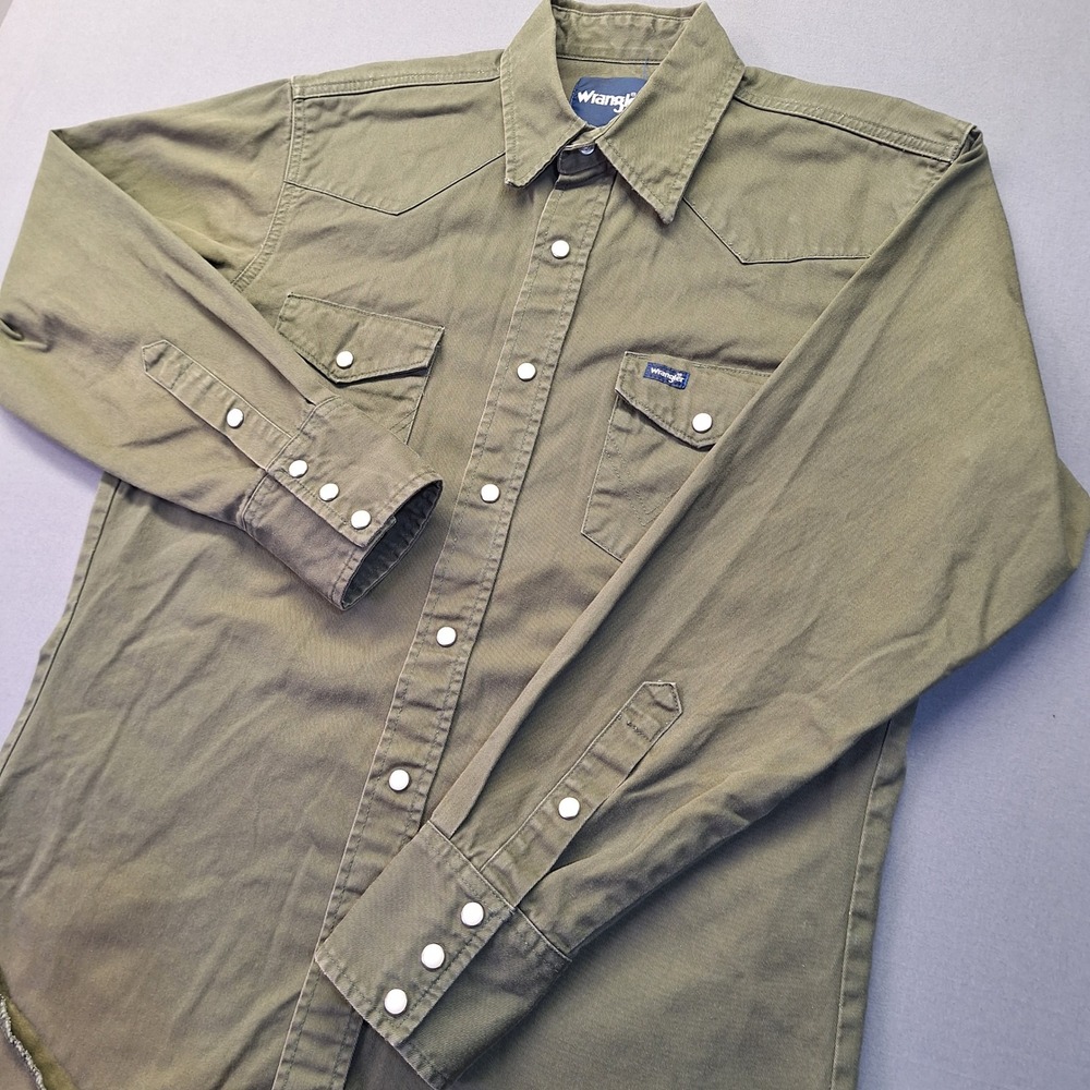 Wrangler Mens Olive Green Western Snap Long Sleeve Shirt Medium Heavy Cotton